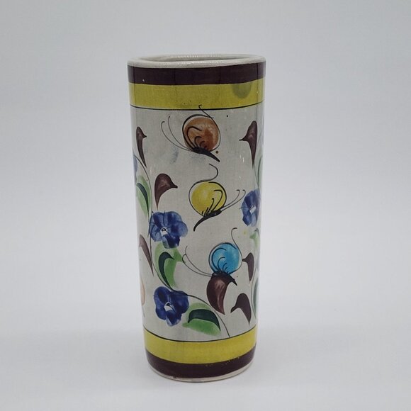 Tonala Cylinder Vase Butterflies Brown Yellow Signed 6.75" Tall VTG 1970s - Picture 8 of 10